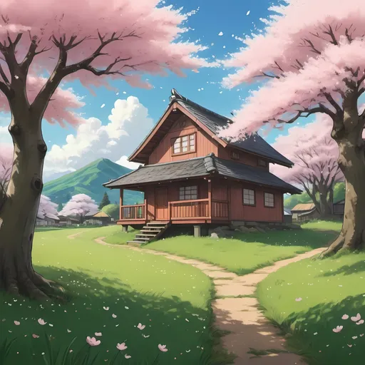 Prompt: "Draw a scene in the Ghibli style with a grassy field as the background, featuring a single cherry blossom tree with petals scattering in the wind, and include a small cabin."