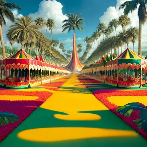 Prompt: The Carnival Mirage transforms the surrounding landscape into a fantastical realm of vibrant colors and pulsating energy. Lush tropical foliage, adorned with blooms of every hue, carpets the ground, while towering palm trees sway in a gentle breeze
