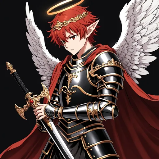 Prompt: anime, boy, black plate armour, red hair, elf ears, angel halo, very detailed, black longsword in hands, red cape