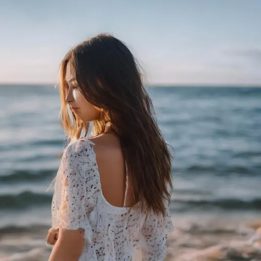 Prompt: photo realistic of a women standing at the beach, looking into the water She has long dark hair. The photo is taken from behind. Natural,bokeh