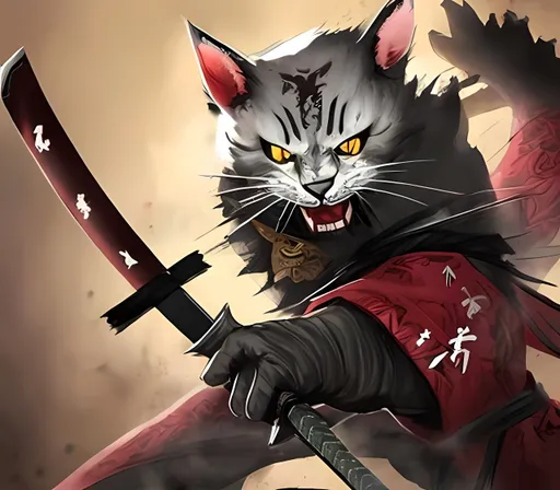 Prompt: Aggressive scary Samurai cat holding a katana and a scar on his left eye 
