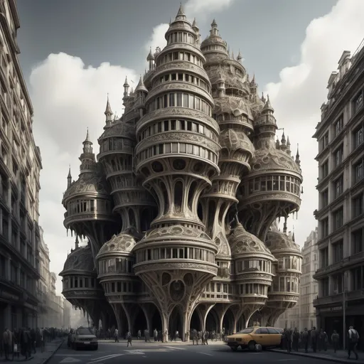 Prompt: Monstrous, sprawling structure, conglomeration of styles, riot of meaningless ornament, building without purpose