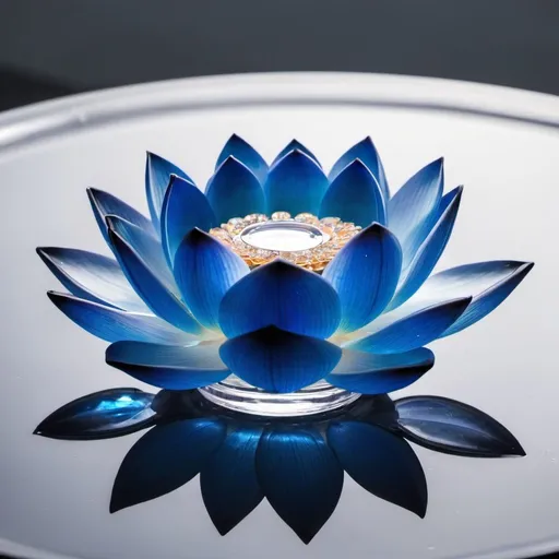 Prompt: blue lotus on water with crystal bowl 