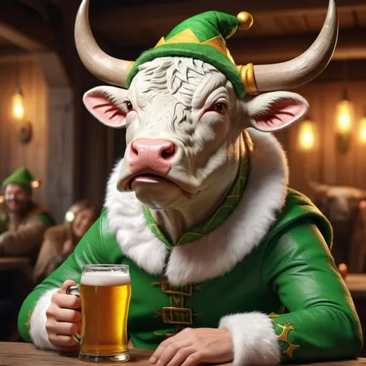 Prompt: Bull face in elf costume drinking beer, realistic 3D rendering, detailed fur and costume, festive and vibrant colors, jovial expression, high quality, fantasy, whimsical, warm lighting