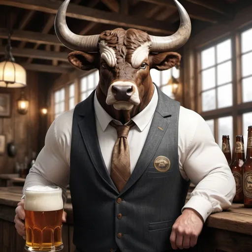 Prompt: 3D rendering, majestic bull, beer drinker suit dress, rustic ale house setting, powerful stance, high quality, realistic, detailed fur, lifelike eyes, powerful presence, large horns, rustic, ale house, realistic textures, strong and powerful