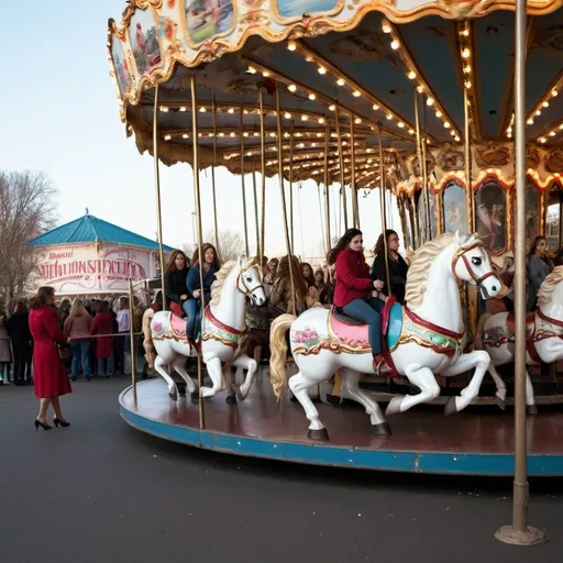 Prompt: A carousel filled with women riding on it and a line of women waiting to ride on it.  No men in picture.