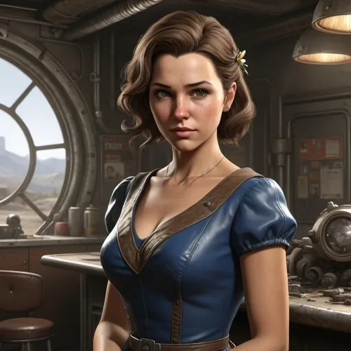 Prompt: "Create a stunning photorealistic artwork set in the Fallout universe featuring a woman with brown hair adorned in an elegant dress. The emphasis is on achieving a high-definition, visually captivating depiction."