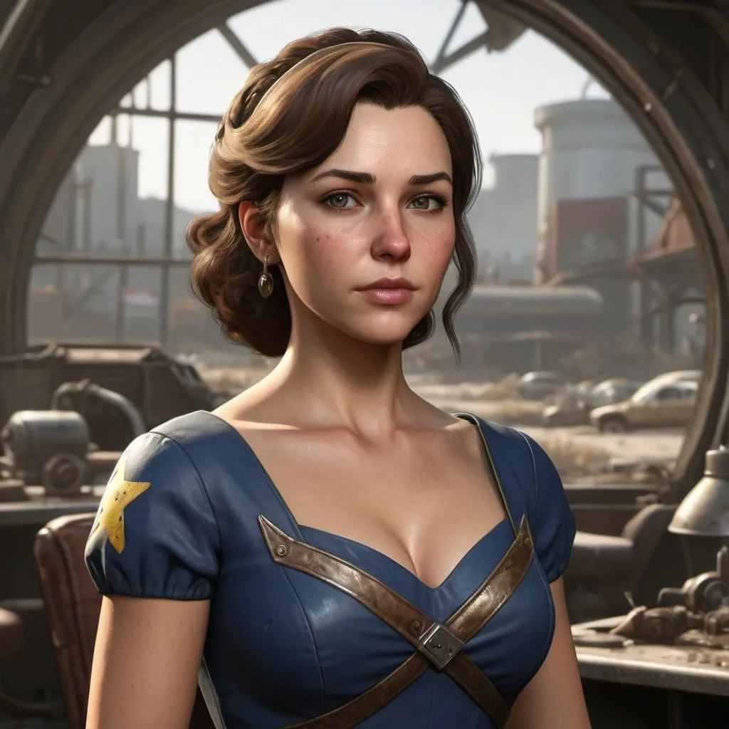 Prompt: "Create a stunning photorealistic artwork set in the Fallout universe featuring a woman with brown hair adorned in an elegant dress. The emphasis is on achieving a high-definition, visually captivating depiction."
