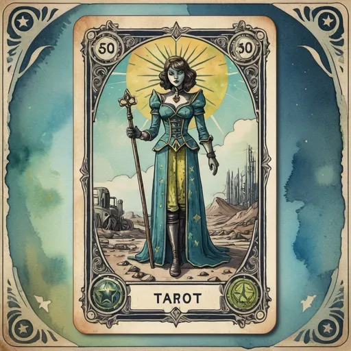 Prompt: A tarot card including a title and a border for the majour arcana 'Fallout' based on the Fallout video game series. The image should be a watercolour illustration and in the style of 50s Americana.