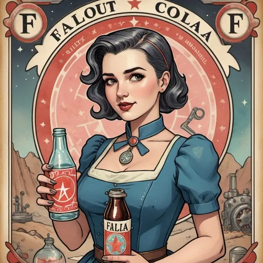 Prompt: (accurately spelled text "Fallout"). Create a tarot card including a title and a border for the majour arcana 'Fallout'. Include a woman and Nuka-cola.Create a watercolour image with a 50s vibe and aesthetic.