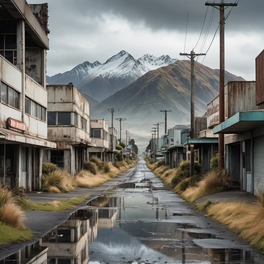 Prompt: Capture the essence of a post-apocalyptic, retrofuturistic city street nestled within the breathtaking landscapes of New Zealand, showcasing the juxtaposition of technological decay against nature's enduring beauty.