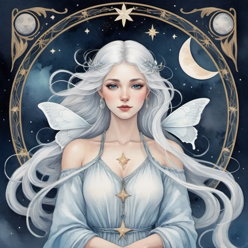 Prompt: "Create a tarot card for the major arcana 'Lunar.' The card should feature an elegant border typical of tarot cards, with the name 'Lunar' at the bottom. In the center, depict a serene, beautiful woman with flowing white hair, painted in a soft watercolor illustration style. Surround her with a mystical night sky, sprinkled with subtle stars. A white moth hovers nearby, symbolizing transformation and mystery. Use a palette of cool tones like soft blues, silvers, and whites to evoke an ethereal and magical atmosphere."