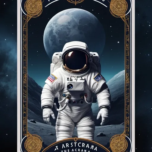 Prompt: Create a tarot card including a title and a border for the majour arcana 'The Astronaut"