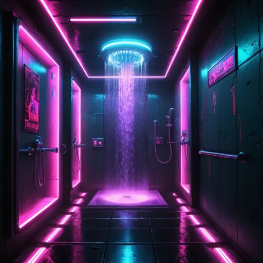 Prompt: Space shower, cyberpunk, photorealistic, high definition, neon lighting