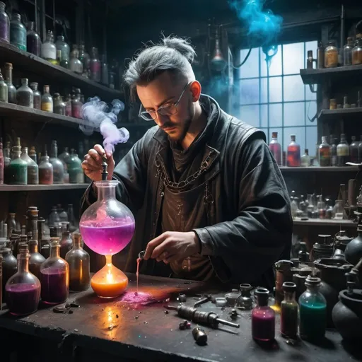 Prompt: A high definition photograph as if taken by a professional photographer of a Alchemist creating a potion in a messy cyberpunk workshop