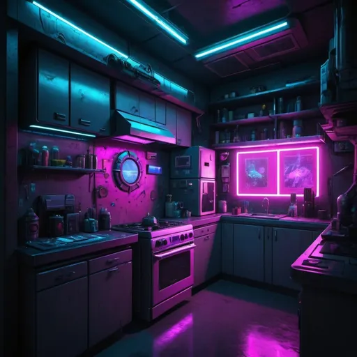 Prompt: Space apartment, cyberpunk, photorealistic, high definition, neon lighting
