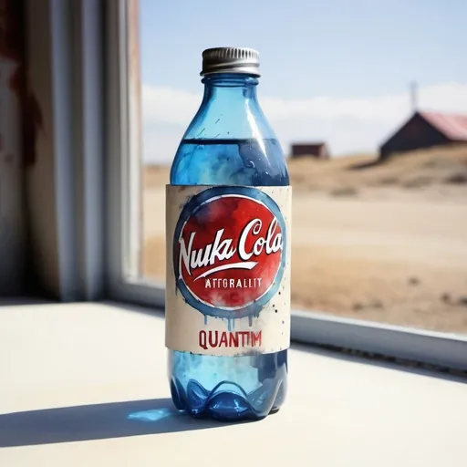 Prompt: High quality watercolour painting, Nuka-cola quantum bottle, Fallout style