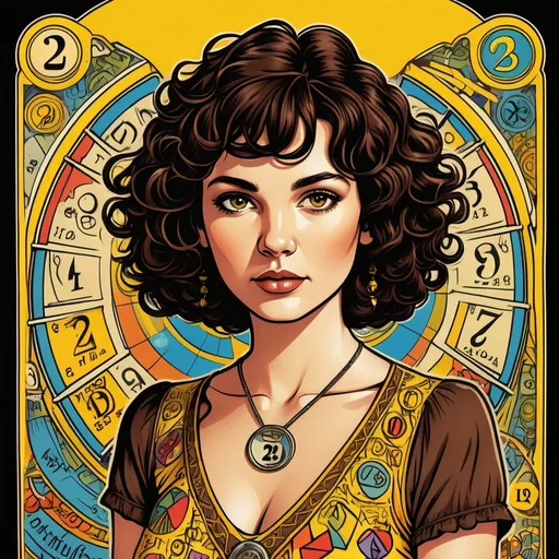 Prompt: Create a Tarot card including a title and a border for the majour arcana 'Ngaire'. Include a woman with very short curly dark brown hair eearing 70s style clothing. Include mathematical symbols, puzzles, number 23, yellow