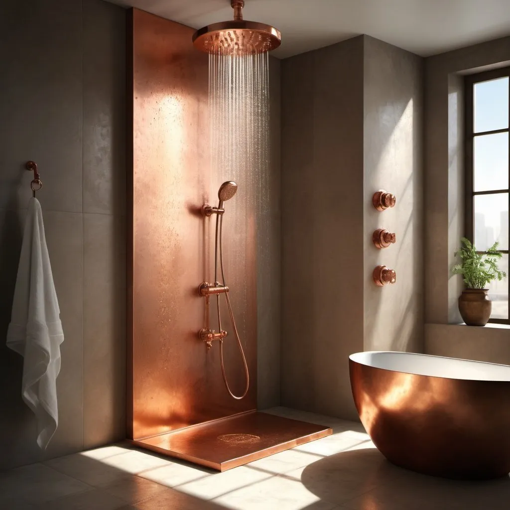 Prompt: Alchemist shower, copper, photorealistic, high definition, sunlight lighting 