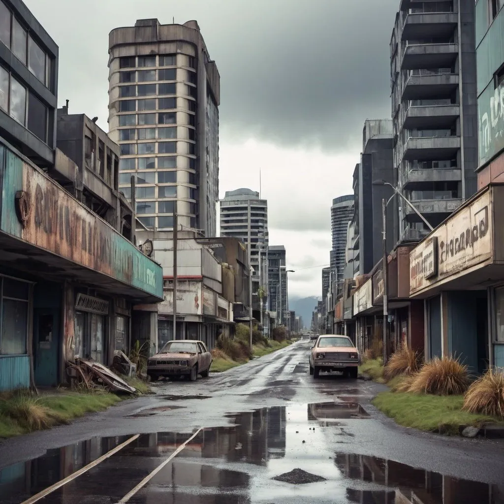 Prompt: A high quality photo of post apocalyptic, retrofuturistic city streetcin new zealand