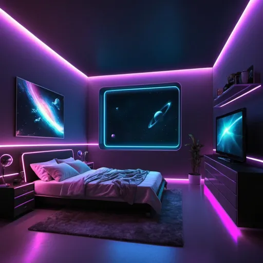 Prompt: Space bedroom, photorealistic, high definition, neon lighting