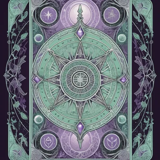 Prompt: (high-quality tarot card), (border design), title "Vim", major arcana illustration, mint green and soft lilac color palette, intricate details, ethereal atmosphere, tarot symbolism elements, ultra-detailed, mystical design, striking and vibrant coloring, captivating art style, intertwining patterns, enchanting background to enhance the card's aura.