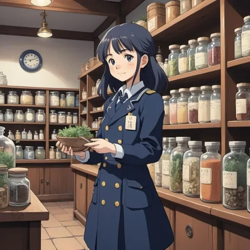 Prompt: 2d studio ghibli anime style, a high school girl in a navy blue uniform buying ingredients from an apothecary, anime scene