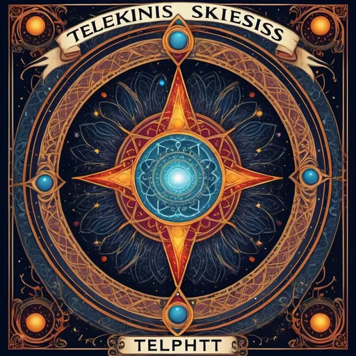 Prompt: (accurately spelled text "Telekinesis"), high quality, tarot card design, intricate border, vibrant colors, mystical ambiance, detailed symbolism, magical elements, focus on telepathy and kinetic energy, artistic typography for the title, evocative illustrations representing psychic abilities, enchanting background, rich textures, captivating visual storytelling, (ultra-detailed) aesthetics, dramatic lighting, (high contrast) with a sense of depth.