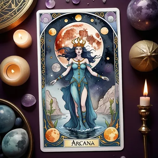 Prompt: Create a high quality tarot card including a title and a border for the majour arcana 'Lunar". Style water colour illustration