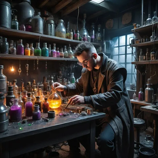 Prompt: A high definition photograph as if taken by a professional photographer of a Alchemist creating a potion in a messy cyberpunk workshop