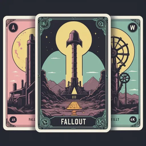 Prompt: A tarot card including a title and a border for the majour arcana 'Fallout' based on the Fallout video game series. The style is minimalism and use a pastel colour palette.