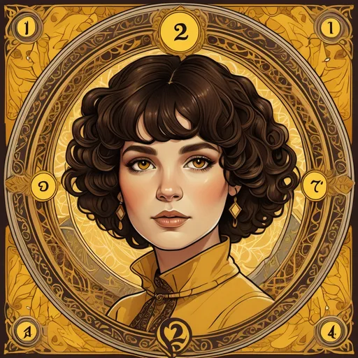 Prompt: Create a Tarot card including a title and a border for the majour arcana 'Ngaire'. Include a woman with very short curly dark brown hair and brown eyes. 70s clothes. Include yellow, month December, number 23.