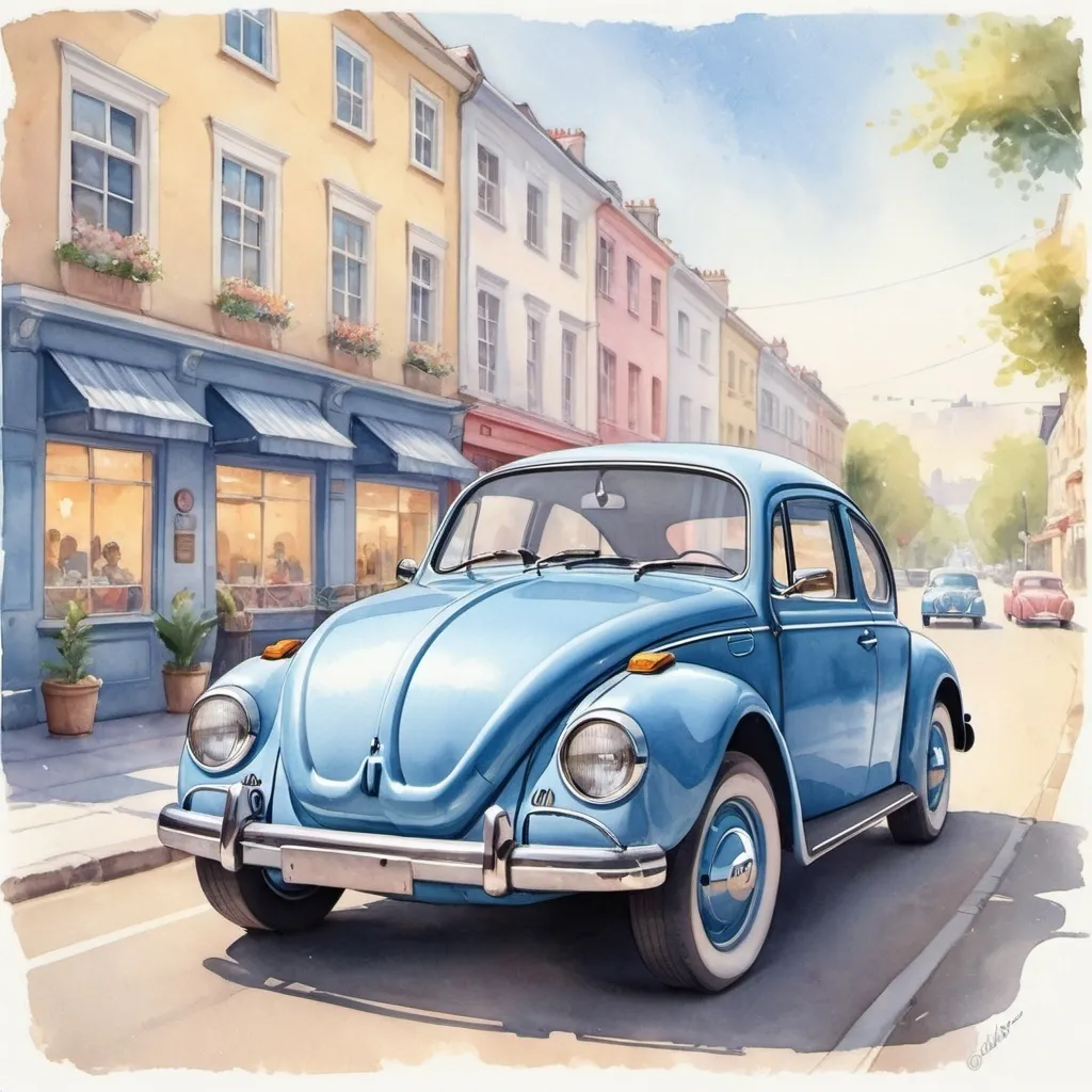 Prompt: A Volkswagen beetle, blue. Watercolour illustration. 50s vibe and aesthetic.