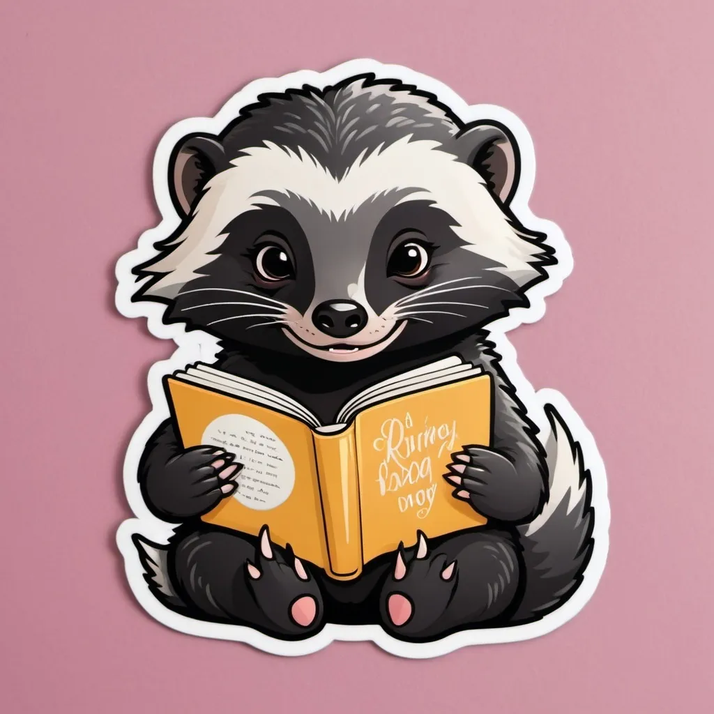 Prompt: die-cut sticker, a cute honey badger character reading a romance novel and blushing