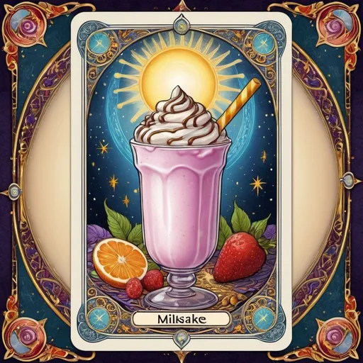 Prompt: A high quality tarot card with a title and border. For the majour arcana 'Milkshake'.