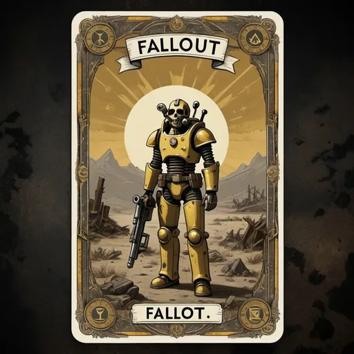 Prompt: A tarot card including a title and a border for the majour arcana 'Fallout' based on the Fallout video game series.