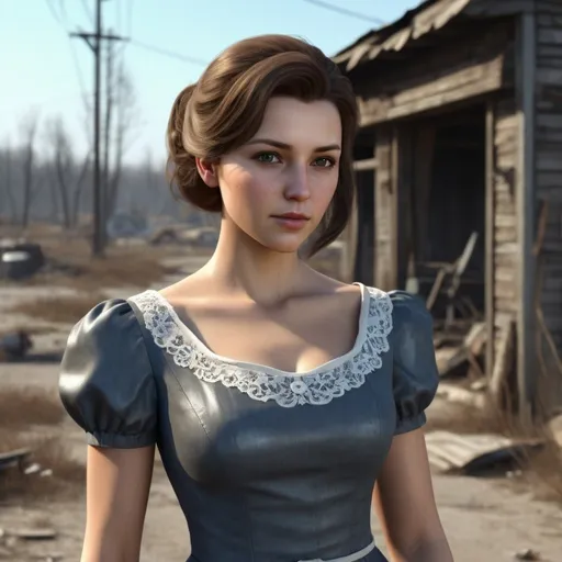 Prompt: Set in fallout, a women with brown hair in a beautiful dress, photorealistic, high definition 
