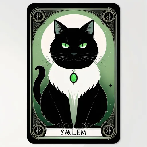 Prompt: Create a Tarot card including a title and a border for the majour arcana 'Salem'. ChubbyBlack cat with green eyes. Cat has white patch of fur on chest Light colored. Minimalism style.