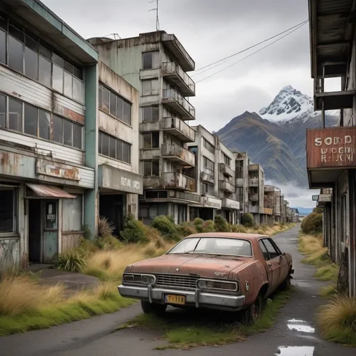 Prompt: Capture the essence of a post-apocalyptic, retrofuturistic city street nestled within the breathtaking landscapes of New Zealand, showcasing the juxtaposition of technological decay against nature's enduring beauty.