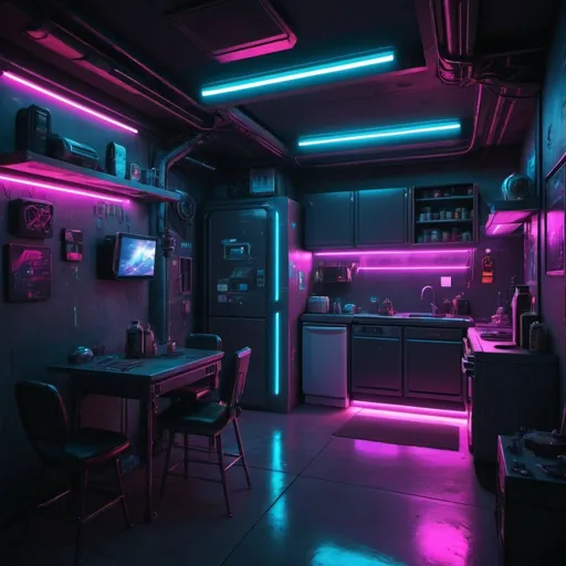 Prompt: Space apartment, cyberpunk, photorealistic, high definition, neon lighting