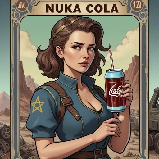 Prompt: (accurately spelled text "Fallout"), (Tarot card illustration), border, thematic elements from Fallout series, pastel color palette with a post-apocalyptic vibe, a beautiful woman with brown hair, nostalgic feeling, high-quality artwork, 4K, eclectic symbolism reflecting major arcana traits. (accurately spelled text "Nuka-cola")