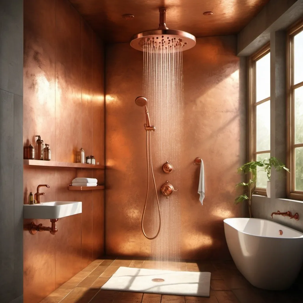 Prompt: Alchemist shower, copper, photorealistic, high definition, sunlight lighting 