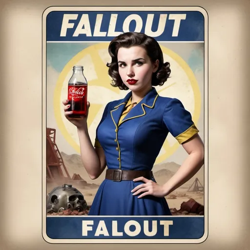 Prompt: (accurately spelled text "Fallout"). Create a tarot card including a title and a border for the majour arcana 'Fallout'. Include a woman and Nuka-cola.Create a watercolour image with a 50s vibe and aesthetic.