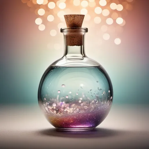 Prompt: (Empty sphere potion bottle), glass, (corked), translucent, high-quality details, soft reflections, ethereal lighting, (empty inside), whimsical atmosphere, crystal-clear glass texture, round silhouette, minimalist design, muted colours with fairy light sparkles pops of vibrant colour, neutral background, soft shadows, ultra-detailed, creative product concept.