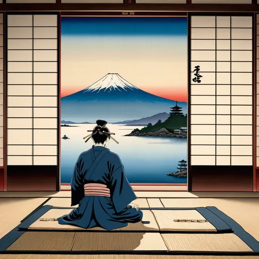 Prompt: Ukiyo-e painting, samurai at home meditating on tatami mat, shoji doors open to Harbour, mount fuji in the background, dawn, hyperrealistic