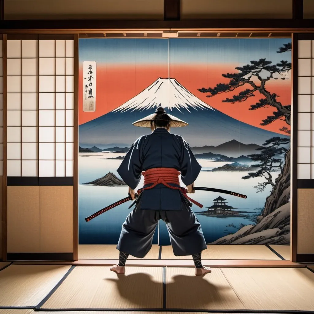 Prompt: ukiyo-e painting, samurai with a katana defending home on a tatami mat shoji doors open to harbour, mount fuji in the background at dawn, hyperrealistic