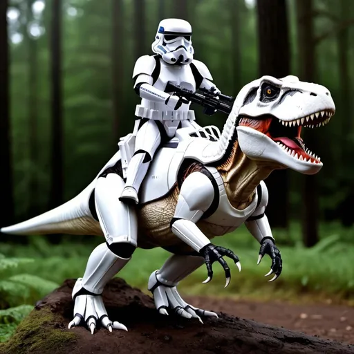 Prompt: Stormtrooper riding a t-rex