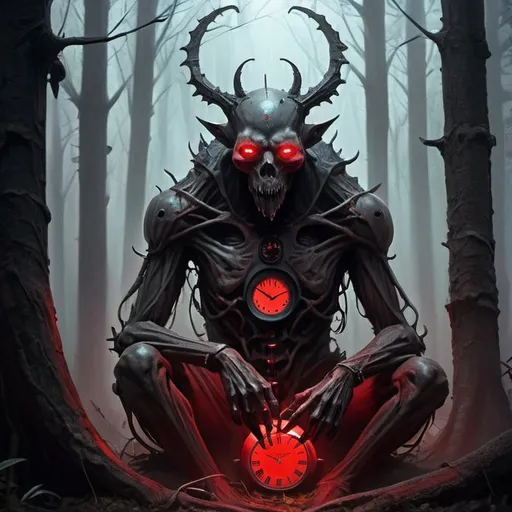 Prompt: a creepy-looking creature sitting in a forest with a red light on its face and a clock on its back, Bastien L. Deharme, gothic art, dark fantasy art, cyberpunk art