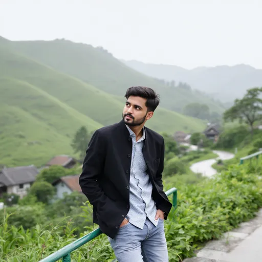 Prompt: Positioned casually against a green railing, a man exudes a relaxed confidence as he gazes thoughtfully into the distance, his expression contemplative against a backdrop of rolling hills. Clad in a stylish black jacket over a light-patterned shirt and denim jeans, he contrasts elegantly with the lush greenery and the quaint rooftops of houses nestled below. The scene is set in a modestly populated area, with faint outlines of traditional structures visible in the background, possibly hinting at cultural significance. A soft, overcast sky lends a muted, serene quality to the atmosphere, while the winding path and distant trees provide depth and a sense of tranquility to this picturesque moment. This image captures a quiet interplay of nature and urban life, presenting a snapshot rich with potential stories and serene reflections.