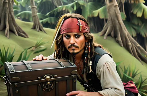 Prompt: APRESENTE UM IMAGEM DE JONH DEEP JUNTO A UM BAU DE TESOURO INSPIRADO EM PIRATAS DO CARIBE